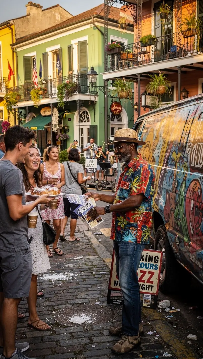Турист внимательно изучает брошюры и специальные предложения на экране мобильного центра.