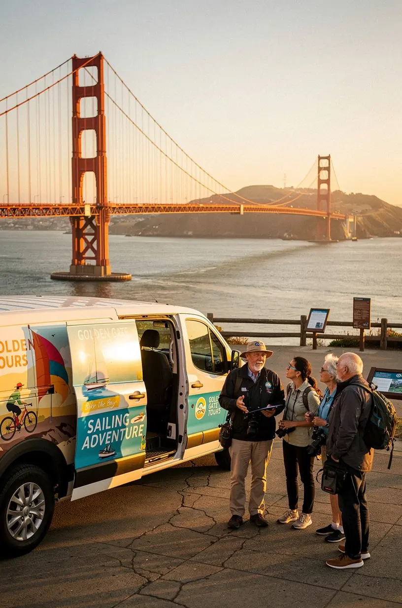 Сотрудник мобильного центра объясняет посетителям доступные скидки и эксклюзивные предложения на экскурсии.