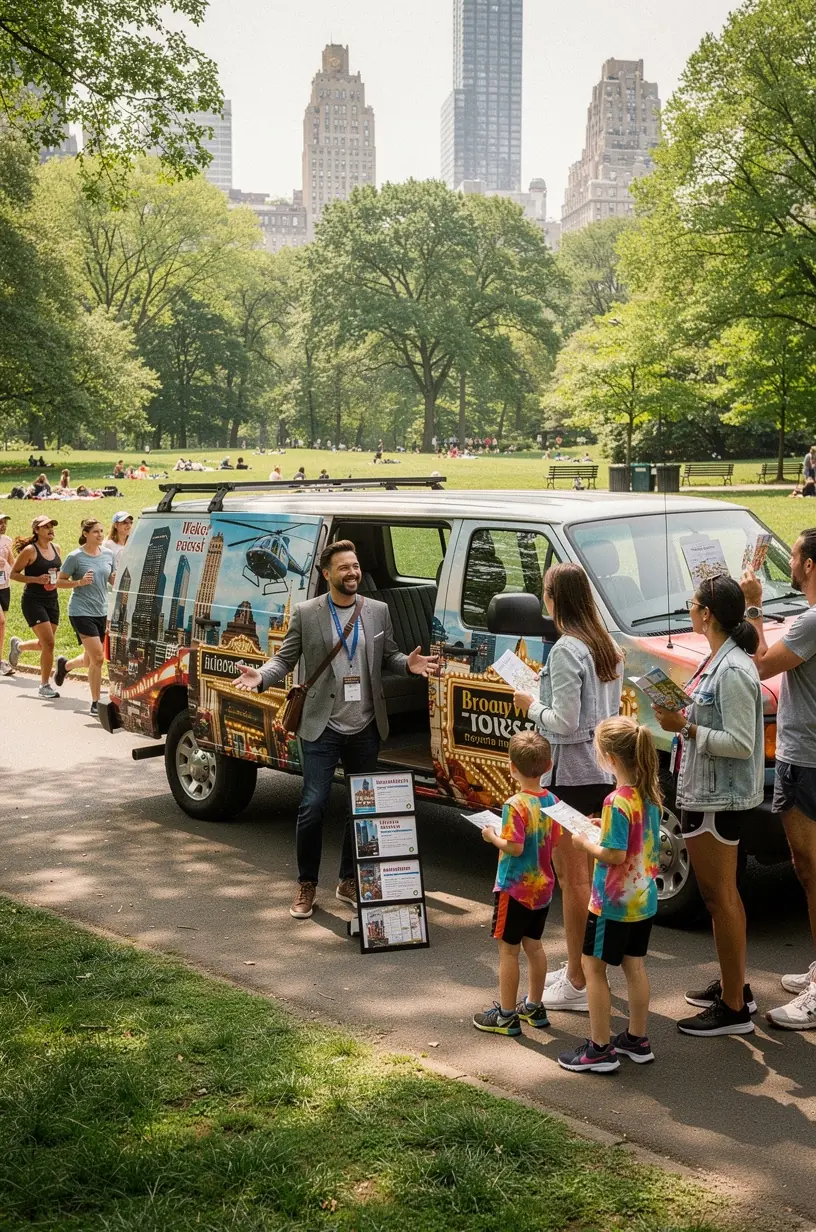 Специалист мобильного центра помогает туристам выбрать экскурсии и приобрести билеты на месте.